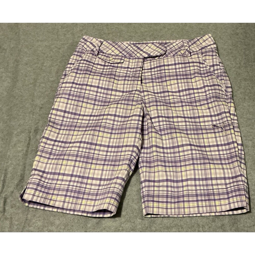 Puma Women's Golf Shorts Purple Plaid Bermuda Flat Front Performance Sz 2